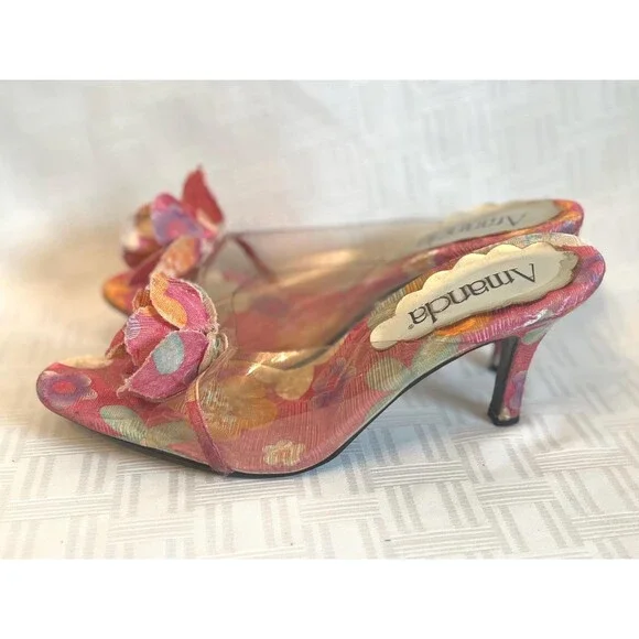 Amanda PinaColada Pink Orange Floral Mules | Leather Sole Fabric Heels 9.5W - Picture 3 of 11
